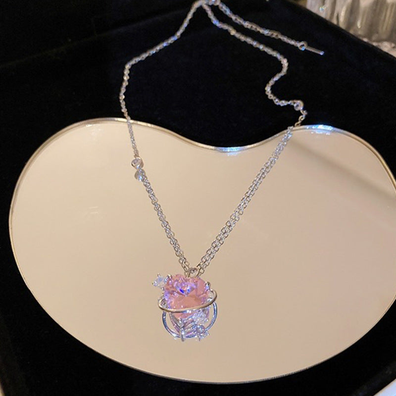 Pink love zircon necklace Female 2023 new light luxury niche net red collarbone chain temperament sweet choker