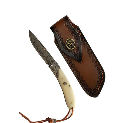 Damascus steel cow bone handle hand folding knife outdoor camping portable hand handle meat fruit knife