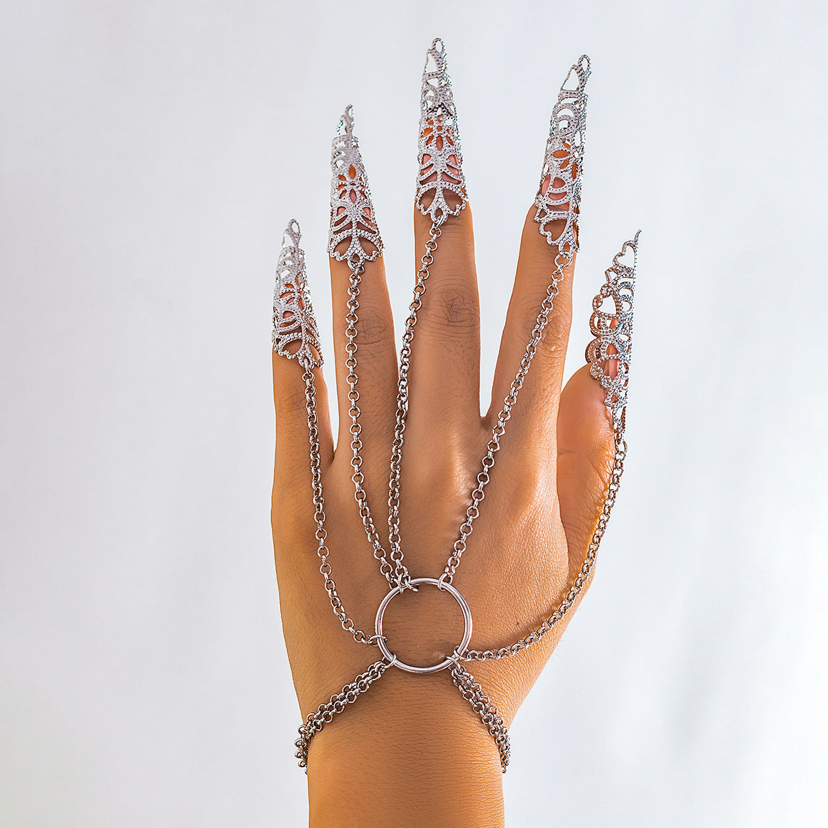 Halloween Gothic Ghost Finger Bracelet Punk Conical Nail Chain Ring Jewelry