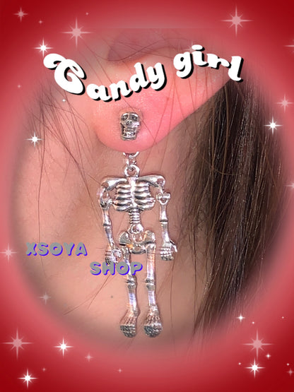 A pair of playful small stud earrings with movable hands and feet of punk INS skull