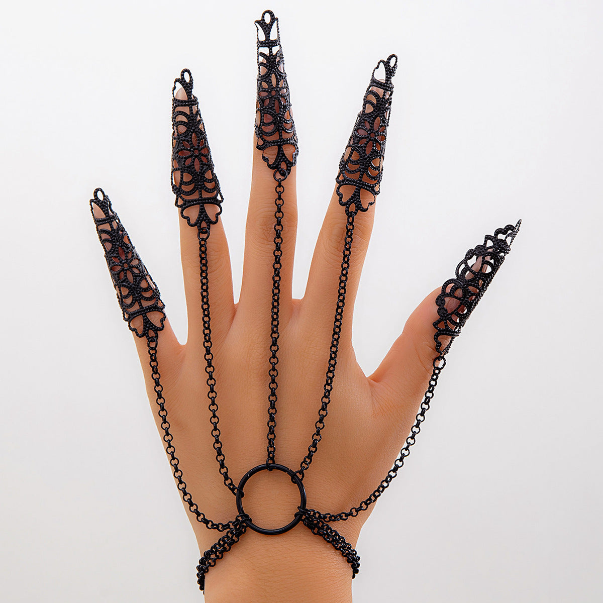 Halloween Gothic Ghost Finger Bracelet Punk Conical Nail Chain Ring Jewelry