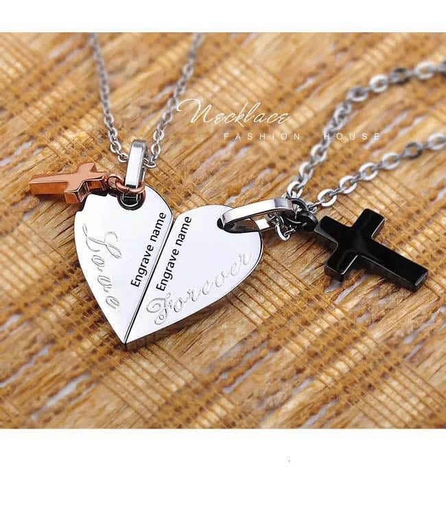 Jesus Cross Heart Pendant Necklace Engrave Names For BFF Couples