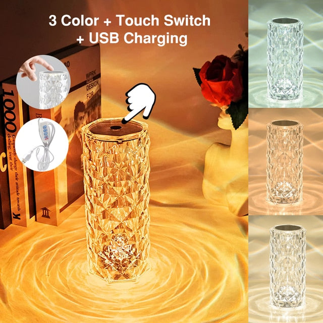 LED Crystal Table Lamp 3/16 Colors Touch Rose Night Light - BFF-GIFTS
