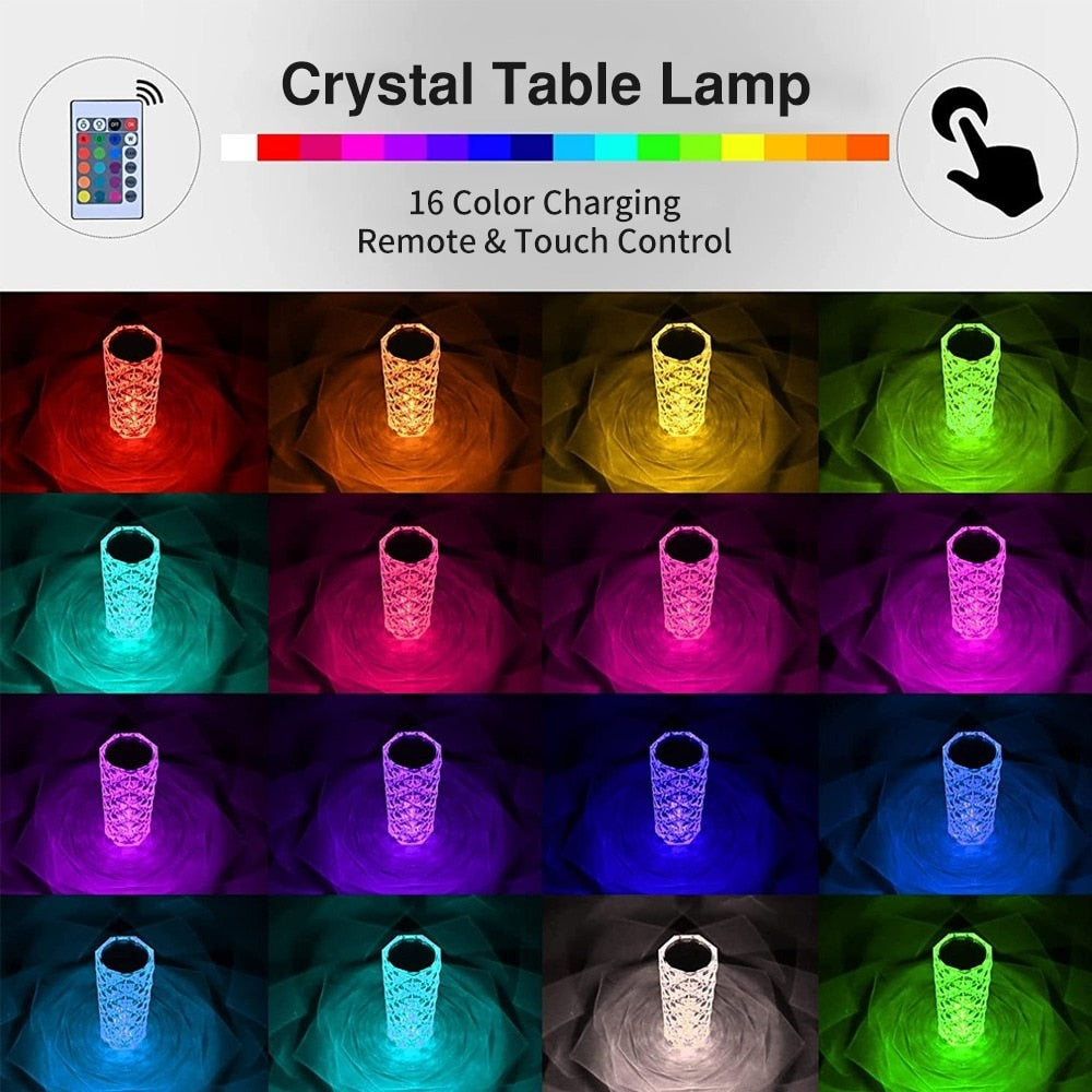 LED Crystal Table Lamp 3/16 Colors Touch Rose Night Light - BFF-GIFTS