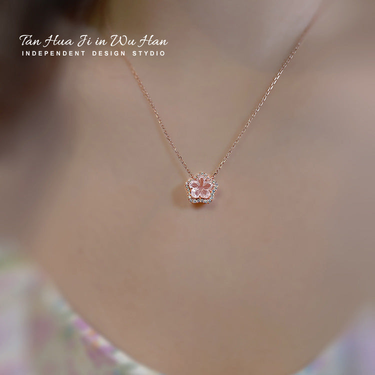 Cherry blossom necklace female light luxury niche design sense 925 sterling silver clavicle chain ins cold wind simple pink crystal peach blossom