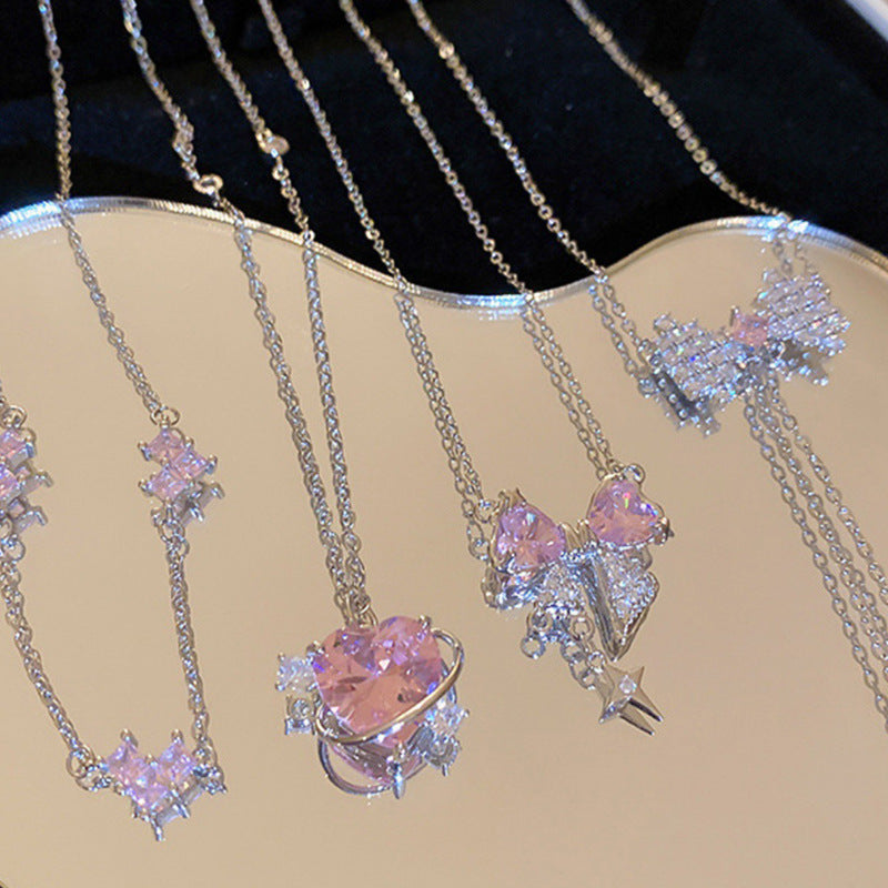 Pink love zircon necklace Female 2023 new light luxury niche net red collarbone chain temperament sweet choker