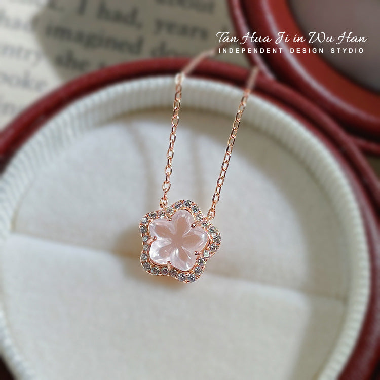 Cherry blossom necklace female light luxury niche design sense 925 sterling silver clavicle chain ins cold wind simple pink crystal peach blossom