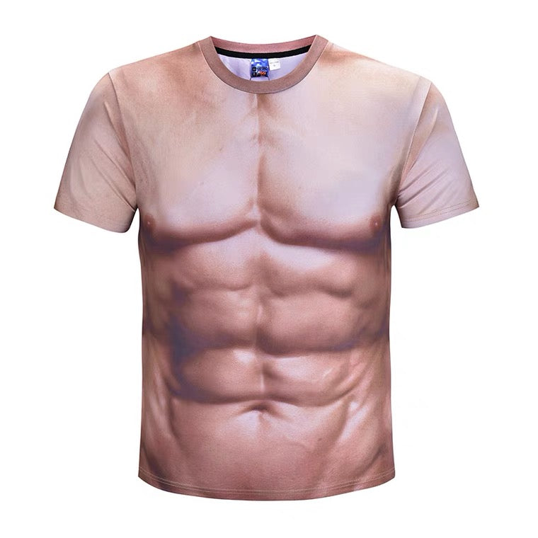 Muscular men's T-shirt fake 6 eight pieces fake chest abdominal muscles on clothes creative personality short sleeves fun 3D three-dimensional fun skin tone