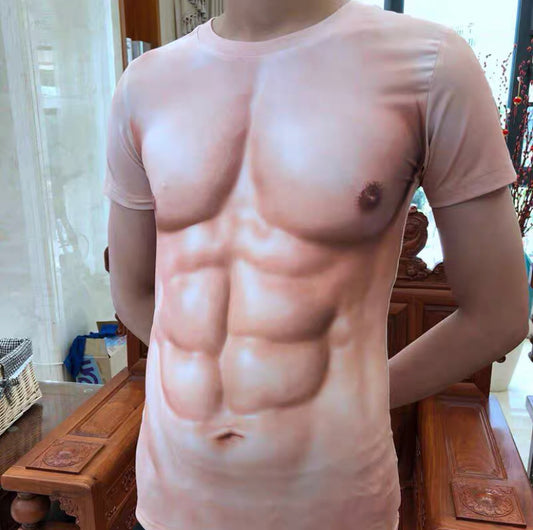 Muscular men's T-shirt fake 6 eight pieces fake chest abdominal muscles on clothes creative personality short sleeves fun 3D three-dimensional fun skin tone