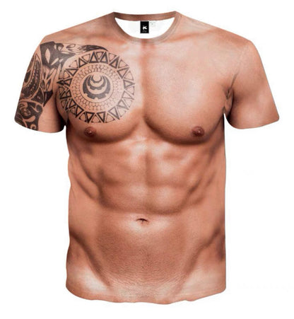 Muscular men's T-shirt fake 6 eight pieces fake chest abdominal muscles on clothes creative personality short sleeves fun 3D three-dimensional fun skin tone