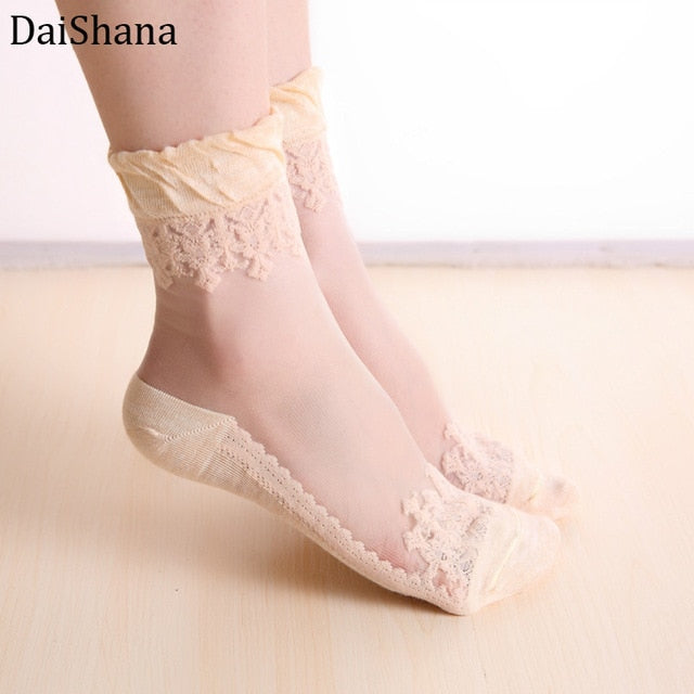 3pair Lace Embroidery Silk Transparent Glass Crytal Stretch Women Socks