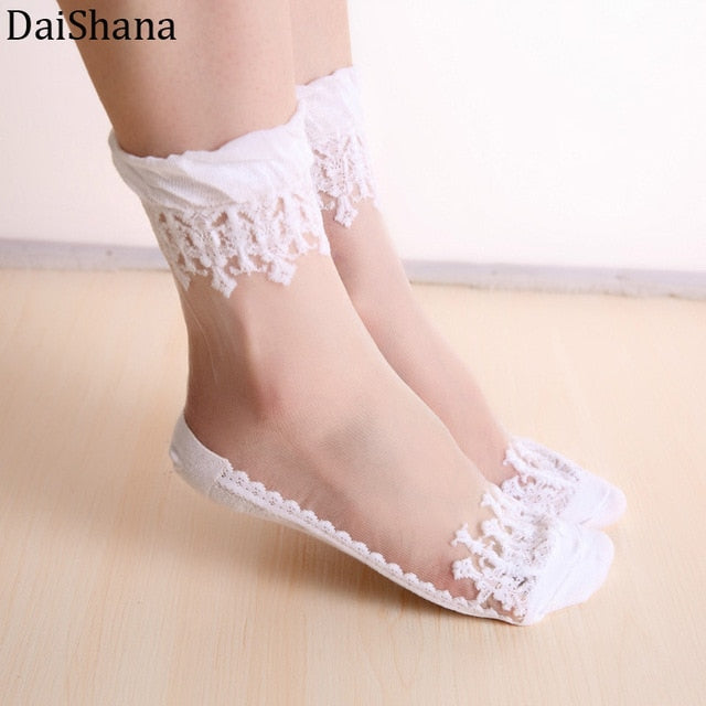 3pair Lace Embroidery Silk Transparent Glass Crytal Stretch Women Socks